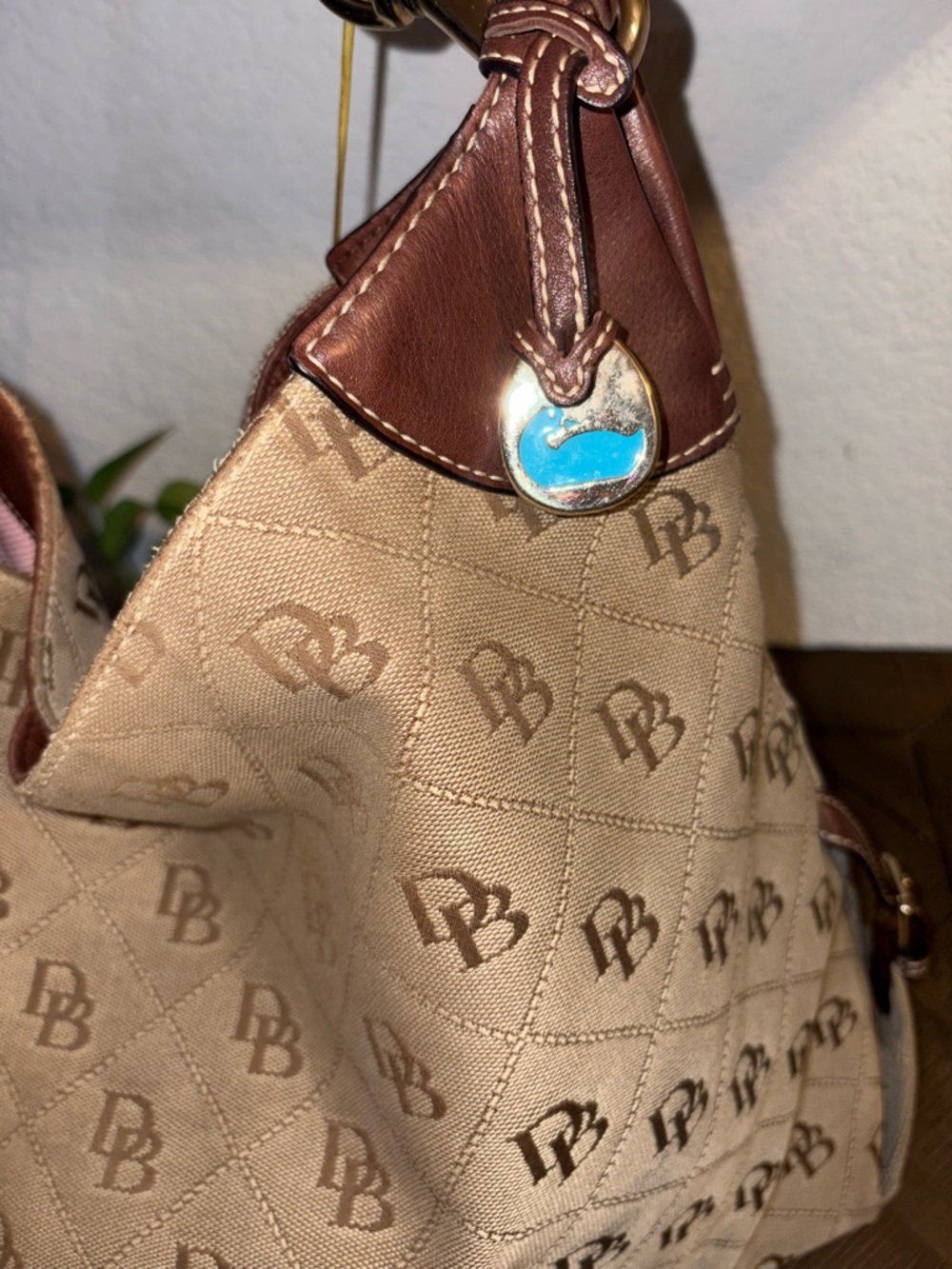 Dooney & Bourke Beige Canvas Logo Hobo with Brown Leather Trim - Picture 2 of 9